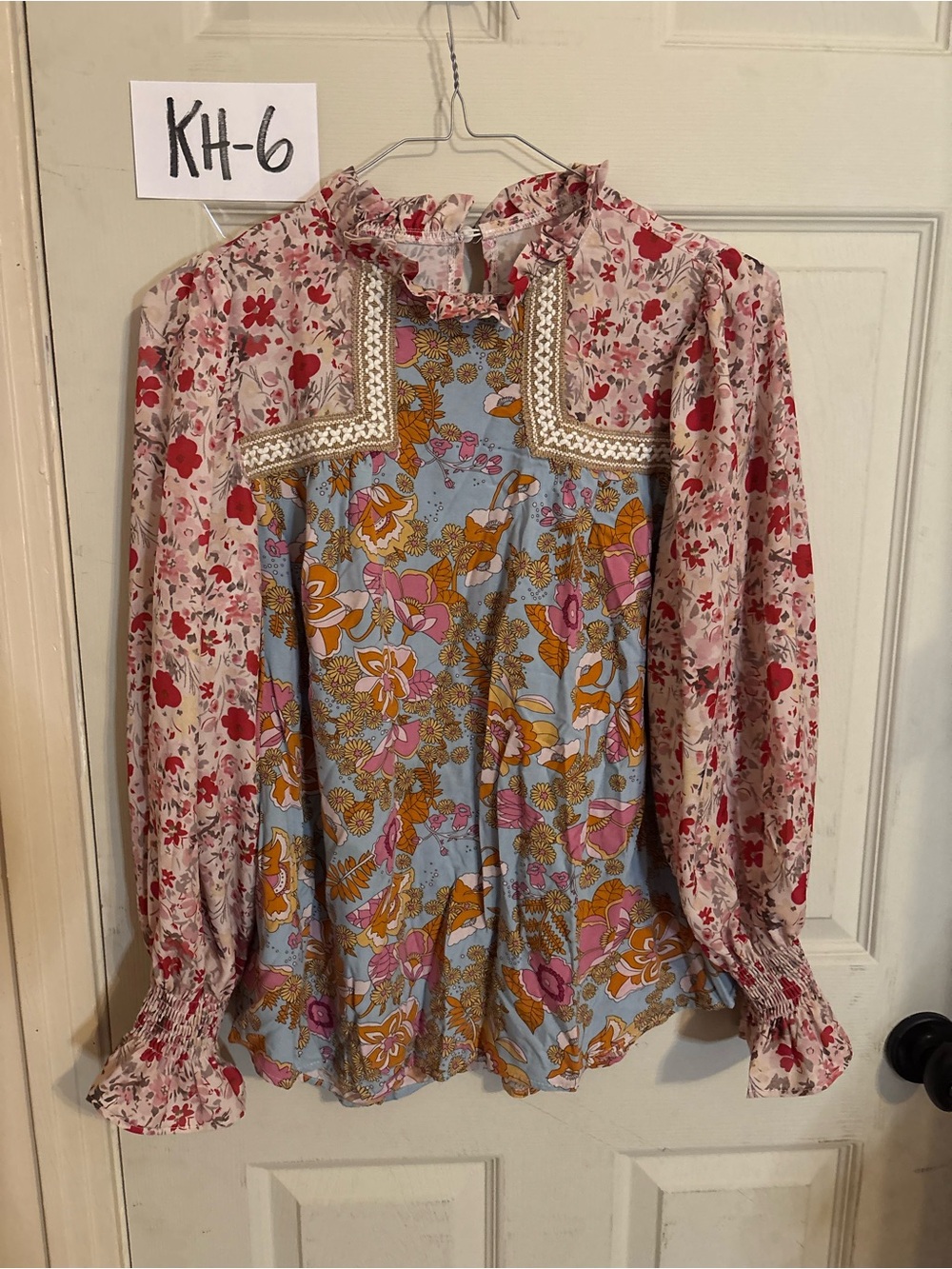 Floral Patchwork Ruffle Neck Women's Blouse - Pink & Blue